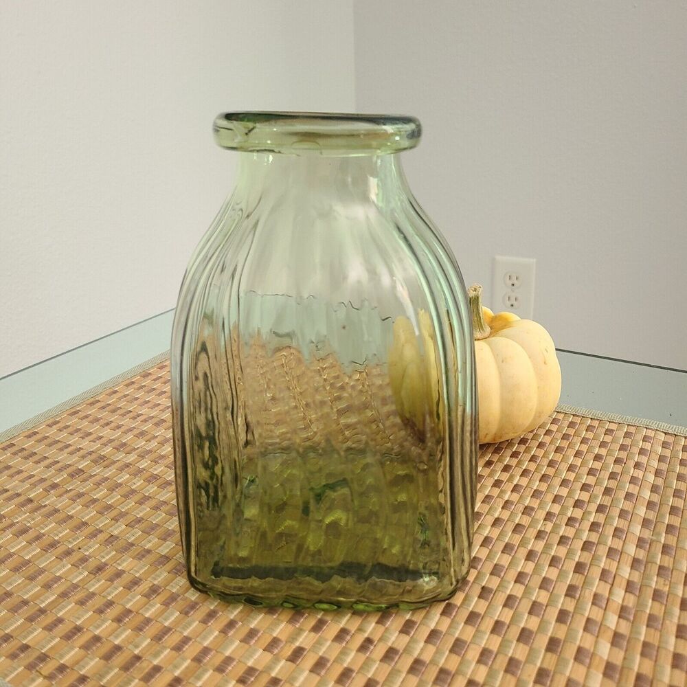 Glass Vase Green Ribbed Cube 7.75" x 5"  Woven